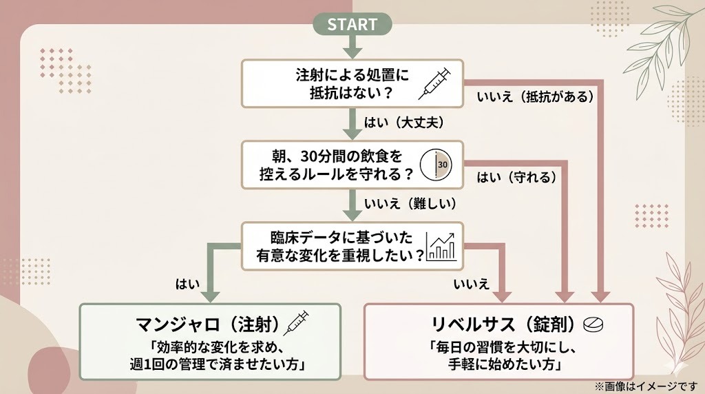 マンジャロとリベルサスの選び方フローチャート。注射への抵抗、朝30分間の飲食制限、臨床データの重視度によって、週1回管理のマンジャロか、手軽なリベルサス(錠剤)かを診断する図。