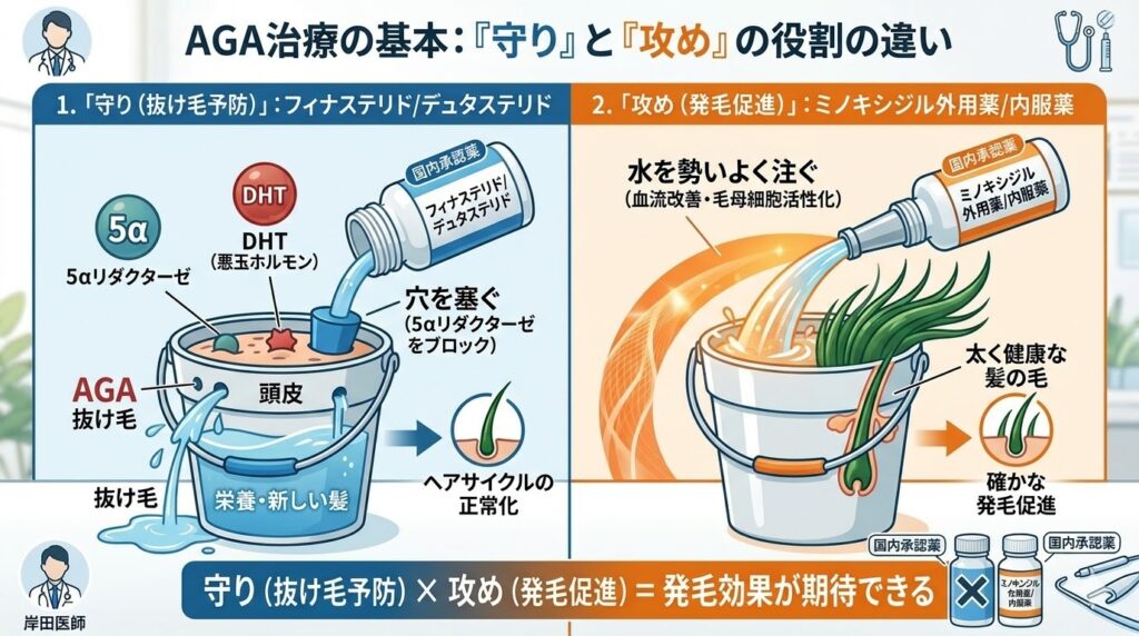 AGA薬の「守り（抜け毛予防）」と「攻め（発毛促進）」の役割の違いを図解したインフォグラフィック
