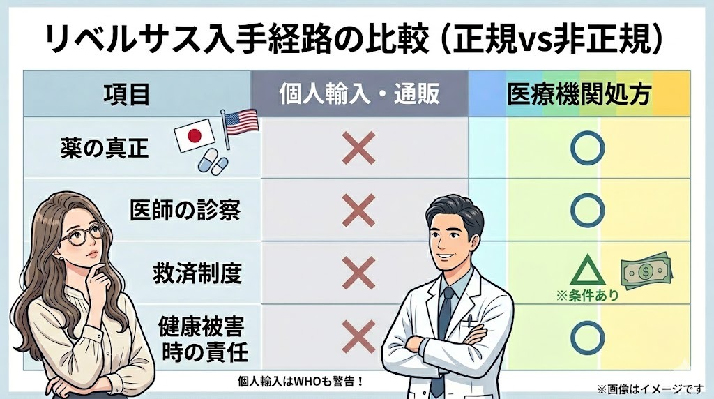 リベルサス入手経路の比較(正規vs非正規)の表。個人輸入・通販は「薬の真正」「医師の診察」「救済制度」「健康被害時の責任」がすべて×。医療機関処方は救済制度が△(条件あり)、その他はすべて〇であることを示すイラスト