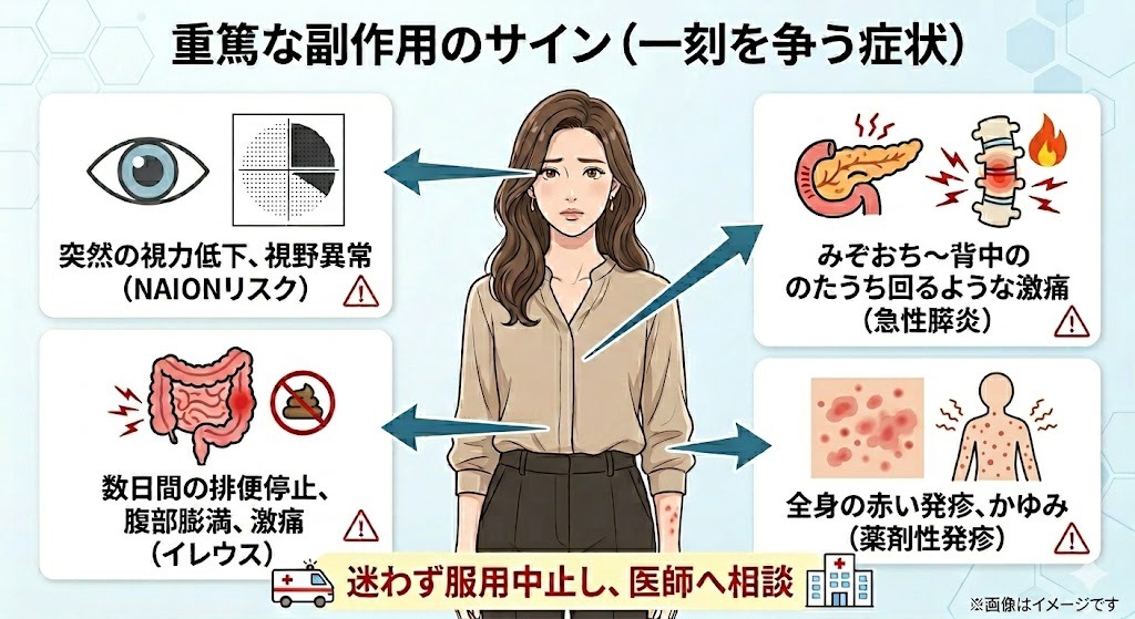 リベルサスの重篤な副作用のサイン(NAIONによる視力低下、急性膵炎による激痛、イレウスによる排便停止・激痛、薬剤性発疹)。迷わず服用中止し医師へ相談を促すイラスト