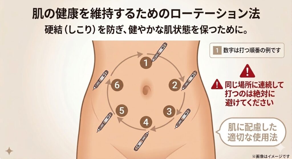 肌の健康を維持するためのローテーション法の解説図。硬結（しこり）を防ぎ健やかな肌状態を保つため、おへその周りに円を描くように1から6までの番号順に注射位置をずらす例が示されています。「同じ場所に連続して打つのは絶対に避けてください」という注意書きのある、肌に配慮した適切な使用法のイラスト。