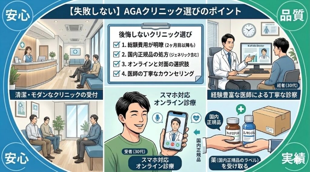 信頼できるAGAクリニックの特徴（明瞭な費用、国内正規品処方、オンライン診療）とクリニックの様子をまとめた画像