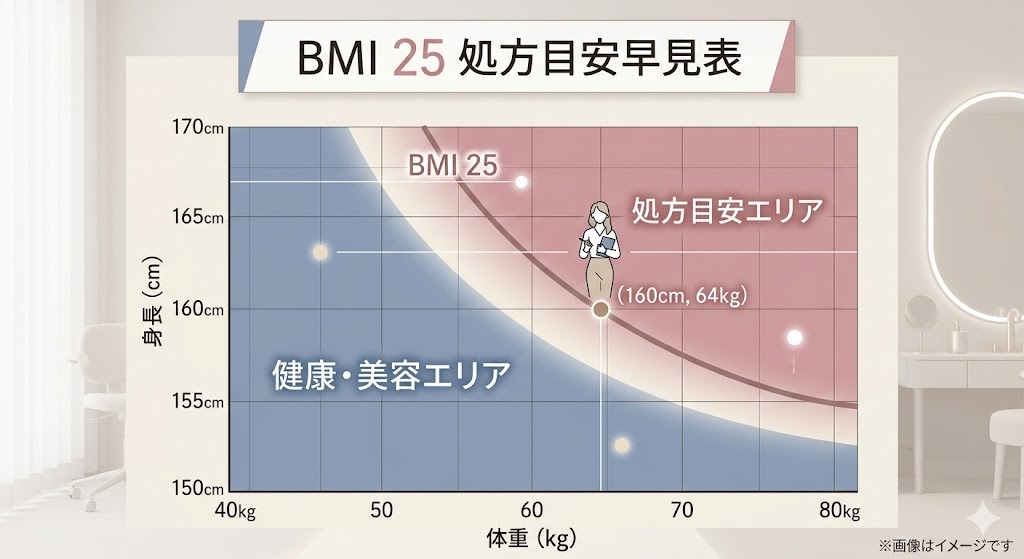 BMI 25の処方目安早見表グラフ。縦軸に身長、横軸に体重を配し、リベルサスの処方対象となる「処方目安エリア（BMI 25以上）」と「健康・美容エリア」の境界線を視覚的に示した図。