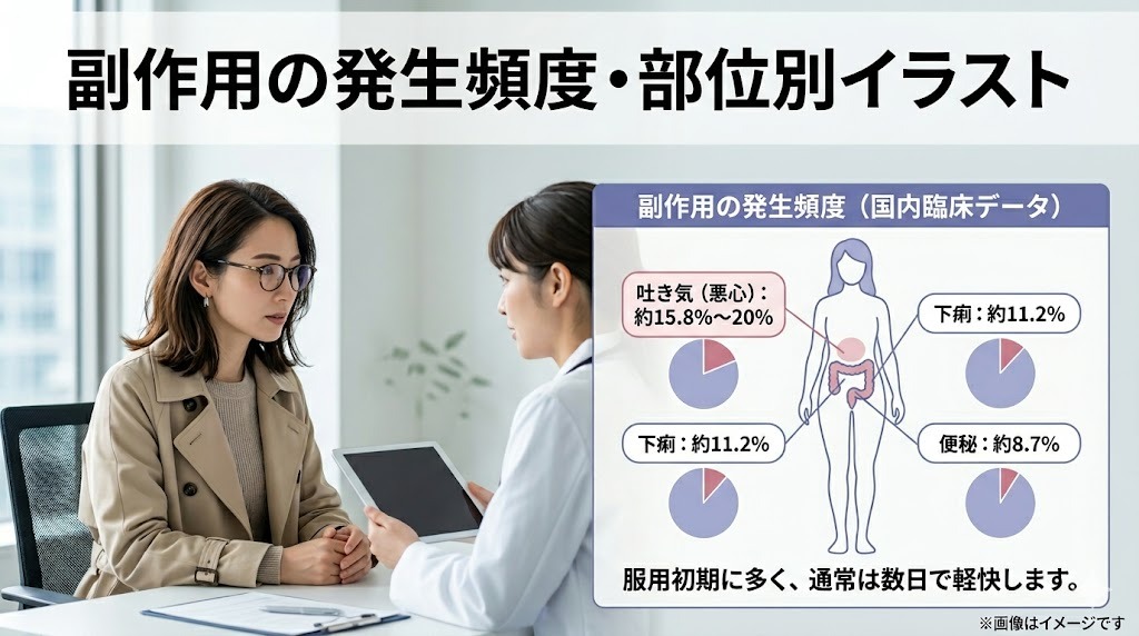 リベルサスの副作用の発生頻度・部位別イラスト。吐き気（悪心）約15.8%〜20%、下痢約11.2%、便秘約8.7%という国内臨床データと、服用初期に多く数日で軽快する旨の解説。