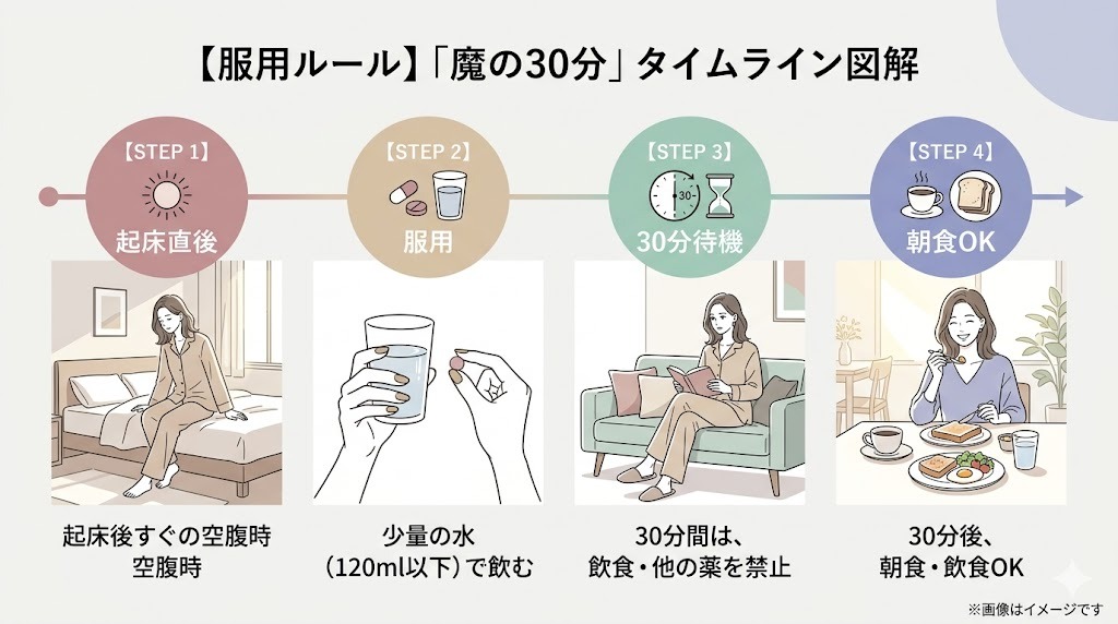 リベルサスの服用ルール「魔の30分」のタイムライン。STEP1：起床直後の空腹時、STEP2：少量の水（120ml以下）で服用、STEP3：30分間は飲食や他の薬を禁止して待機、STEP4：30分後に朝食OKという4つの流れの図解。