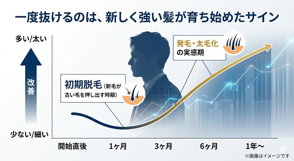 初期脱毛から発毛・太毛化への変化を示すV字回復曲線グラフ。治療開始から1ヶ月目は初期脱毛(新毛が古い毛を押し出す時期)で一時的に髪が減りますが、3ヶ月目以降から上昇に転じ、6ヶ月、1年と経つにつれて発毛・太毛化を実感するプロセスを説明しています。