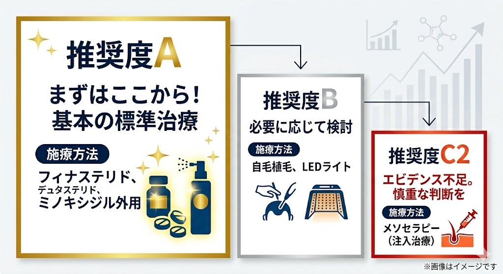 日本皮膚科学会などのガイドライン推奨度別のAGA治療法比較図。推奨度A(基本の標準治療)のフィナステリド・デュタステリド・ミノキシジル外用、推奨度B(必要に応じて検討)の自毛植毛・LEDライト、推奨度C2(エビデンス不足で慎重な判断が必要)のメソセラピー(注入治療)が3段階で比較されています。