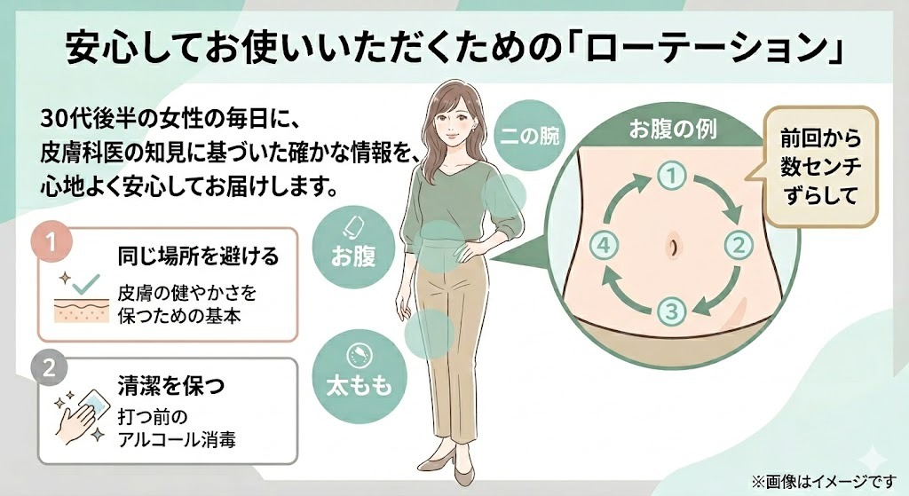 安心に使うための注射部位ローテーションの解説図。二の腕・お腹・太ももの適切な部位と、同じ場所を避ける・清潔を保つ注意点を記載。